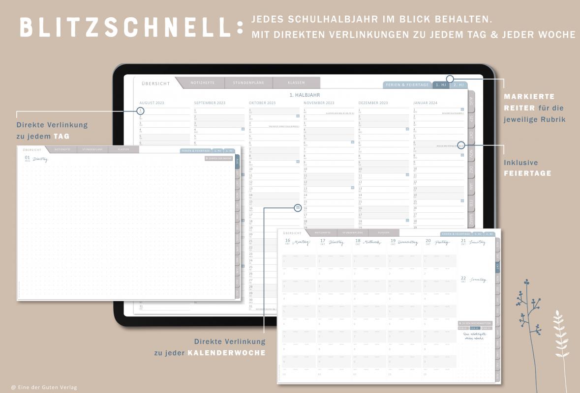 Schulhalbjahre in der Übersicht mit Verlinkung zu den Kalenderwochen, Jahresübersicht Lehrerplaner für Schuljahr 2023 2024, Terminkalender zum Download